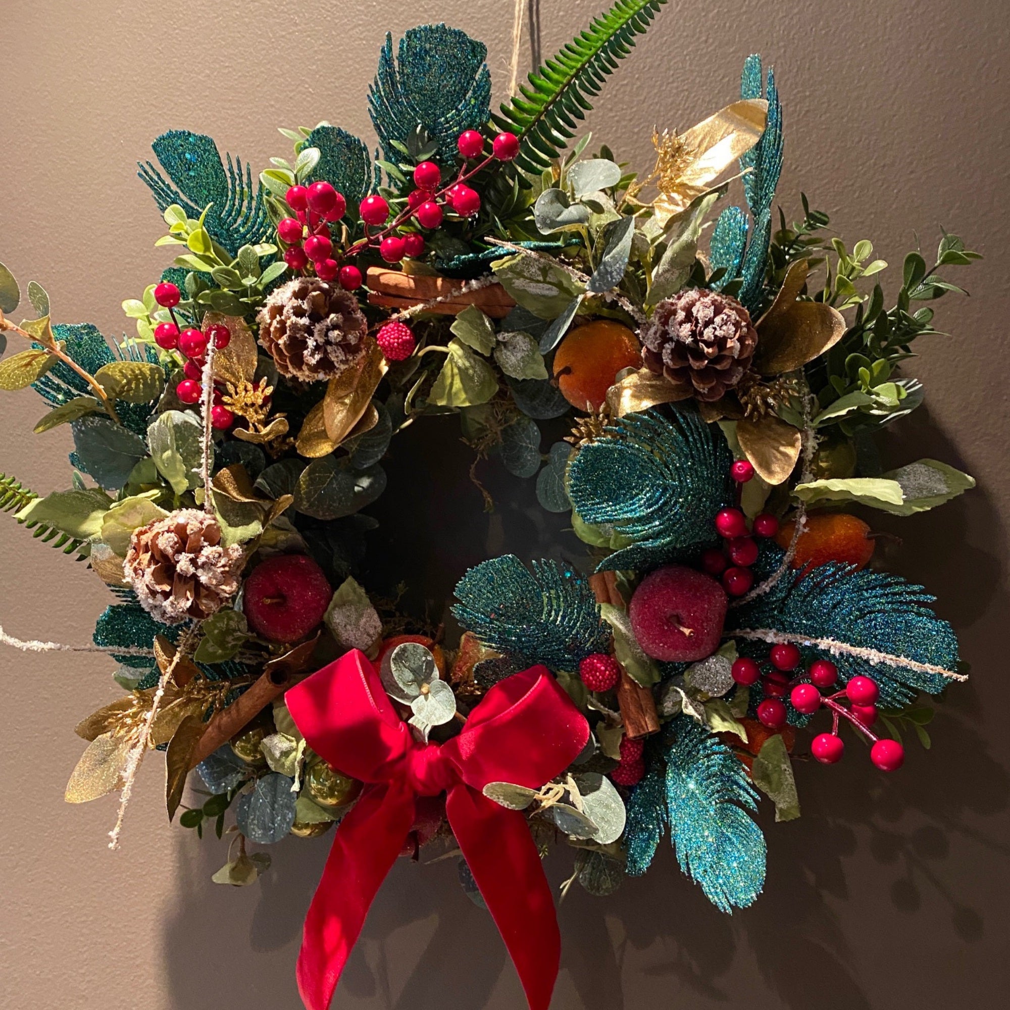 Peacock Green & Red Berry Wreath
